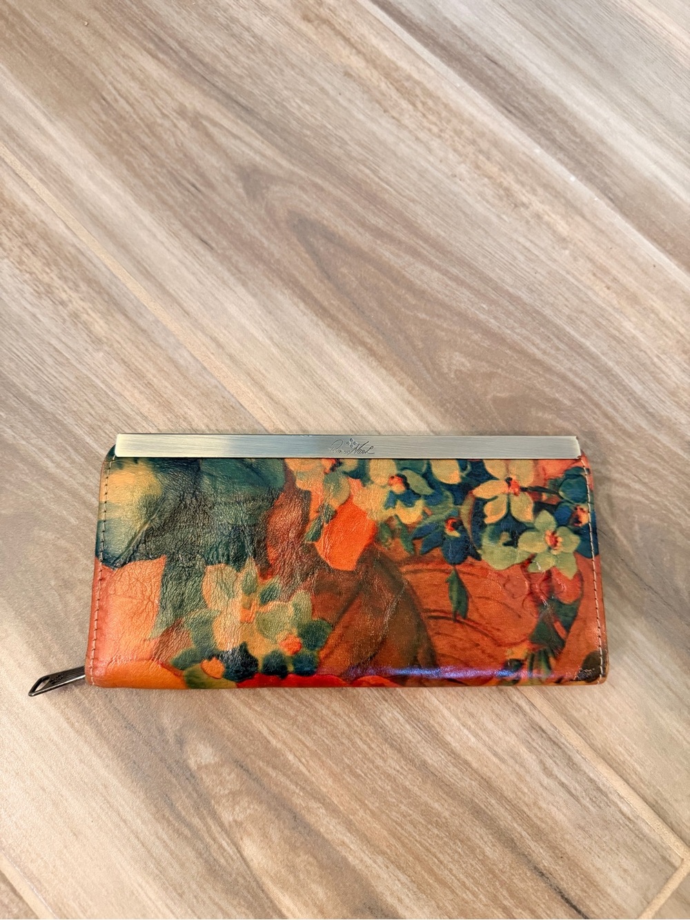 Patricia Nash Orange Multi Floral Leather Zip Wallet